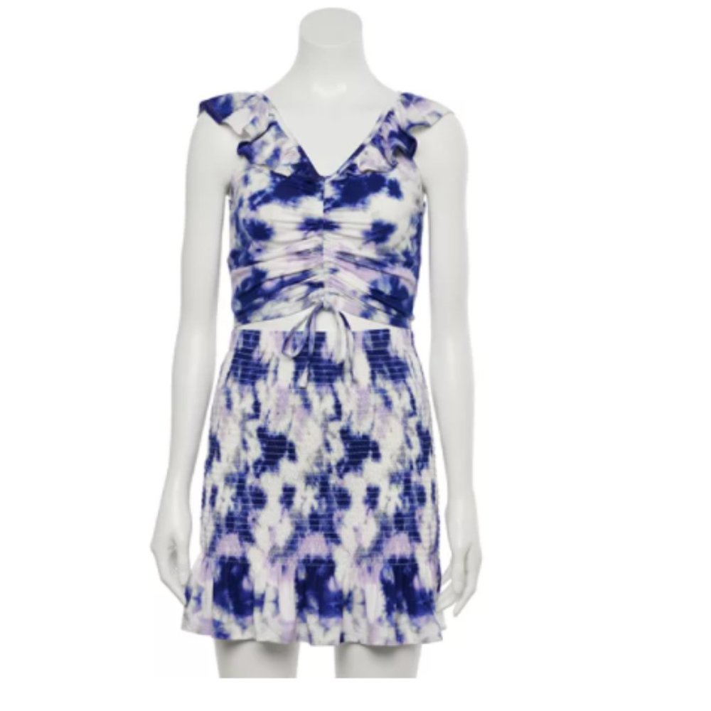 Juniors 2pc Mini Skirt Set Large Ruched Top Blue & White Almost Famous